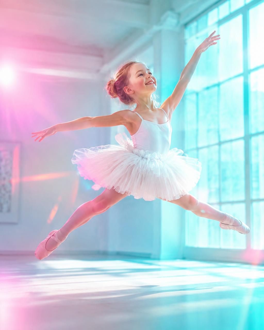 A young dancer mid-leap in a bright studio